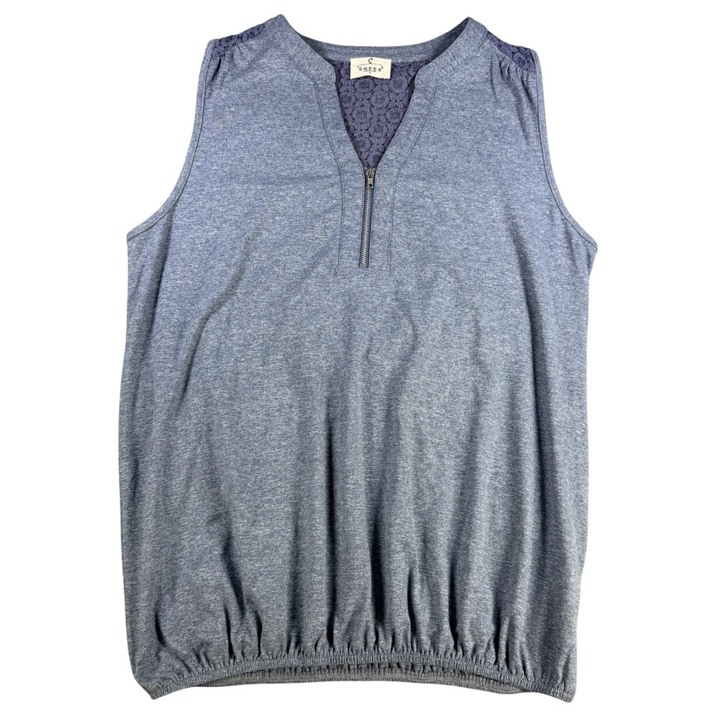 Ember Women Tank Top Lace Back Zip V-Neck Large Blue Rayon Spandex Casual
